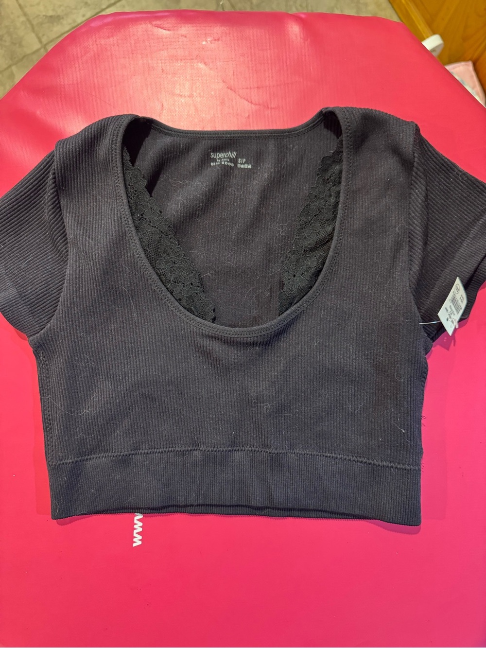 aerie Black Ribbed Scoop Crop Top with Lace Inset 2 shirts one black and one tan